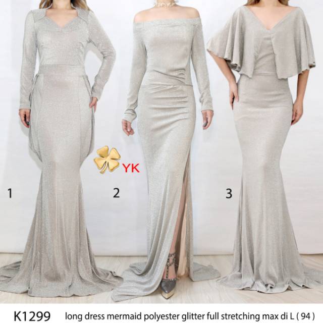 1299 YUEKI LONG DRESS GAUN PANJANG LENGAN V NECK gown pesta kondangan long dress pesta BLACK SILVER