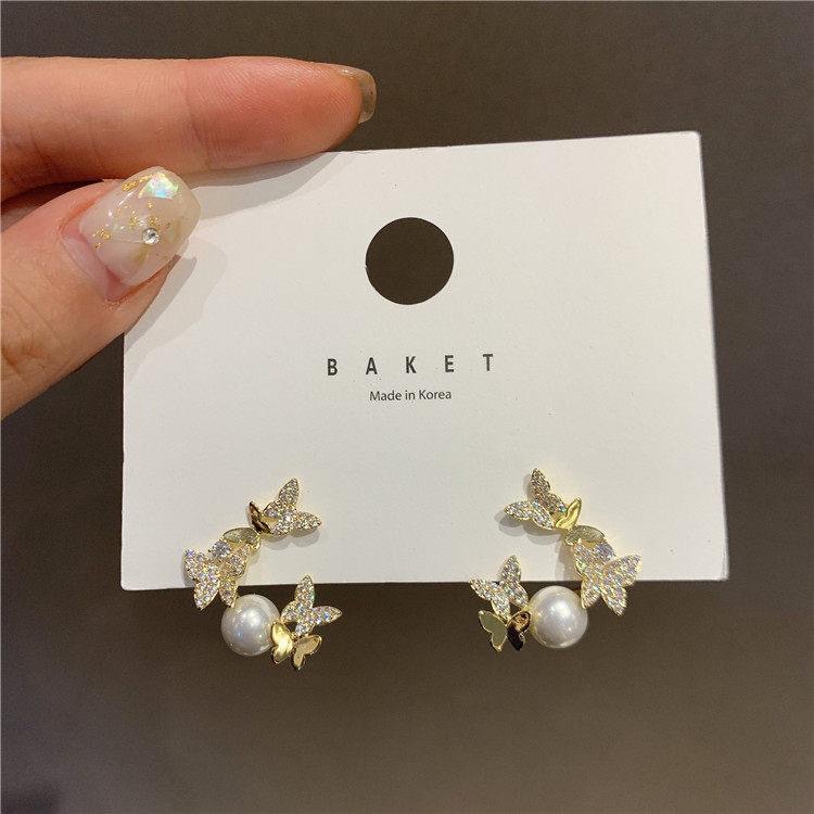 Korean Pearl Butterfly Full Rhinestone Stud Earrings for Women Fashion Elegant Earrings S925 Silver Needle