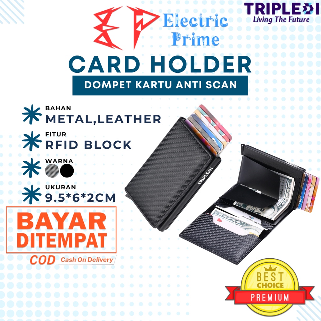 TRIPLEDI Dompet Kartu Lontar Anti Scan RFID Block Auto Pop Up Card Holder ATM KTP STNK NPWP Case Aluminium Leather