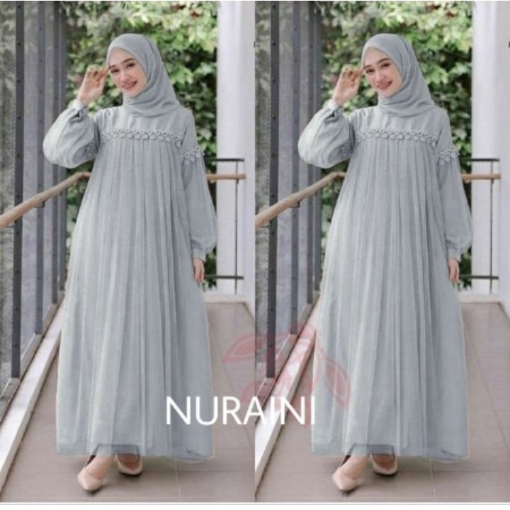 NURAINI MAXI DRESS Gamis Muslim Murah Perempuan BROKAT TILE Cantik RENDA
