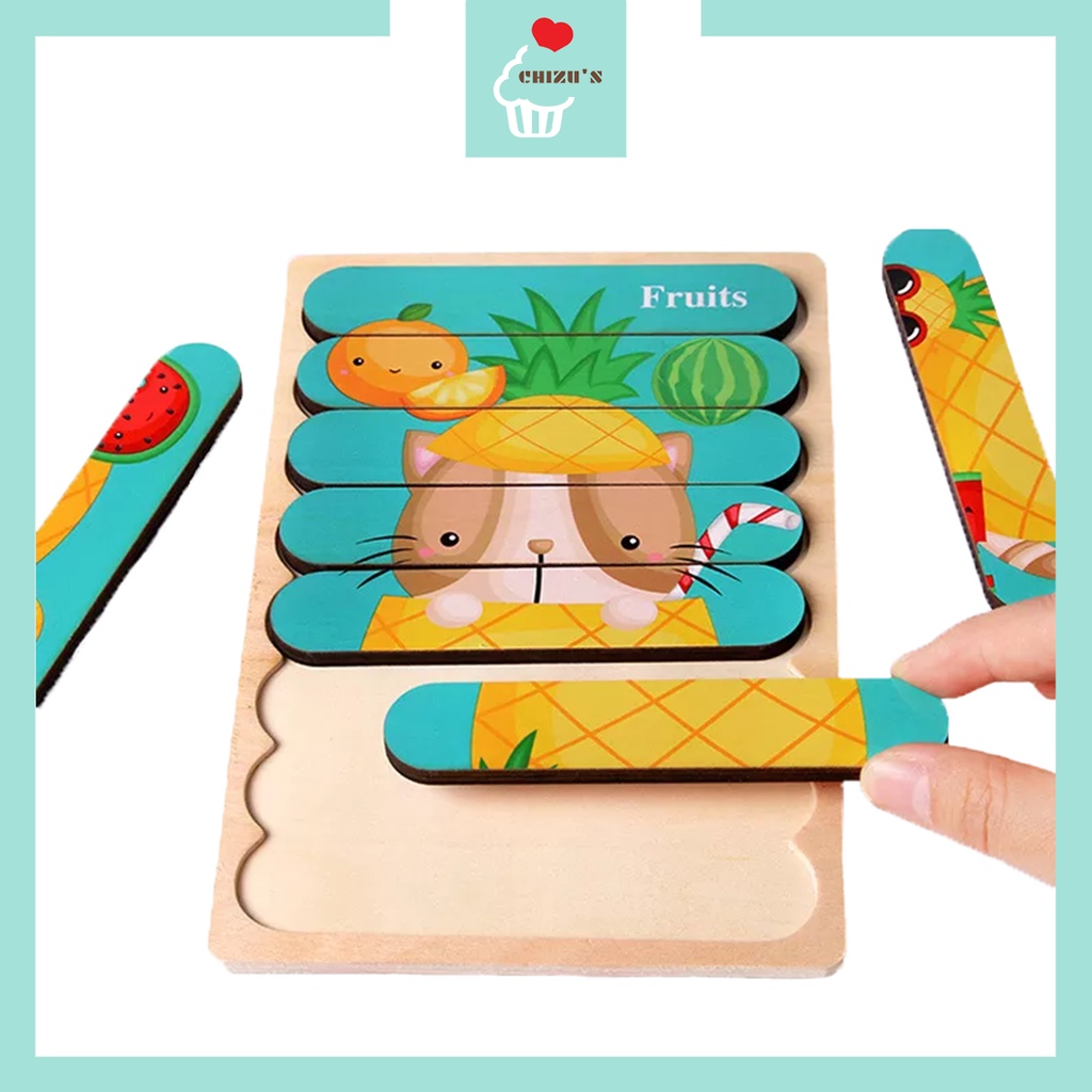 Two Sided Strip Puzzle | 2in1 Stick Puzzle Stik | Wooden Puzzle Kayu | Puzzle Timbul Tebal Dua Sisi | Hewan Binatang Kendaraan Transportasi Kartun | Mainan Edukatif Edukasi Anak Balita