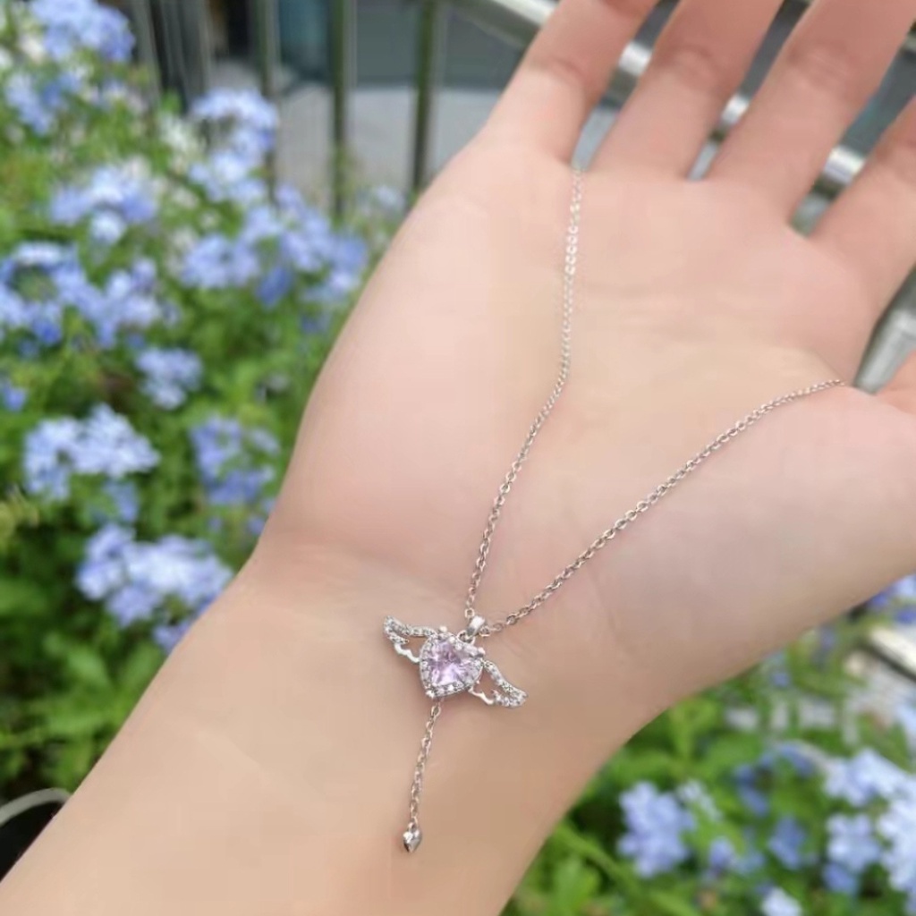 Barbie Kalung Rantai Silver 925 Liontin Hati + Sayap Malaikat Hias Cubic Zirconia Pink Untuk Wanita