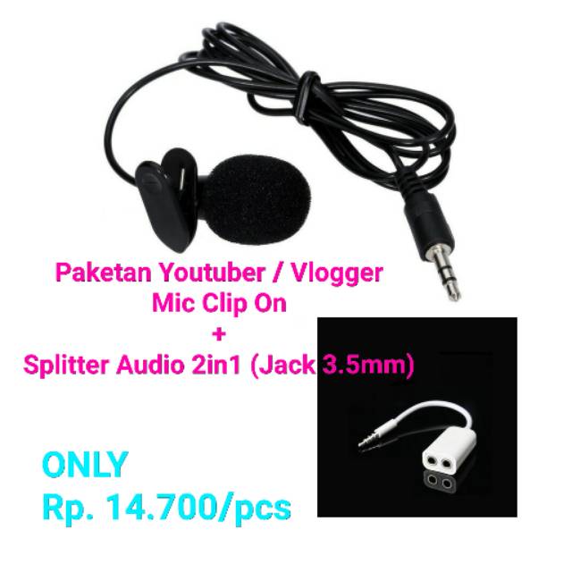 Paketan Youtuber Mic Clip On + Splitter Audio 2 in 1 Stereo 3.5mm Paket Vlogger Mikrofon SIAP PAKAI