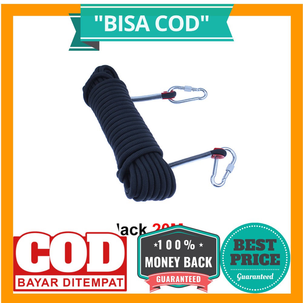 BISA COD Tali Paracord Panjang Tebing Climbing Rope 10mm 20 Meter with Steel Buckle - P4 - Black