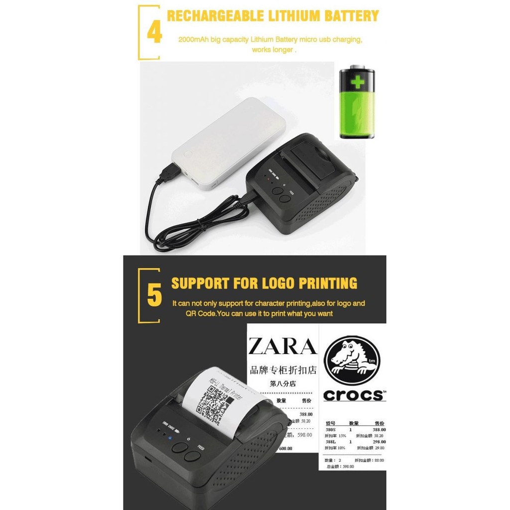 ZJIANG ZJ-5809 - Mini Portable Bluetooth Thermal Receipt Printer - Cocok Untuk Kasir POS dan lainnya