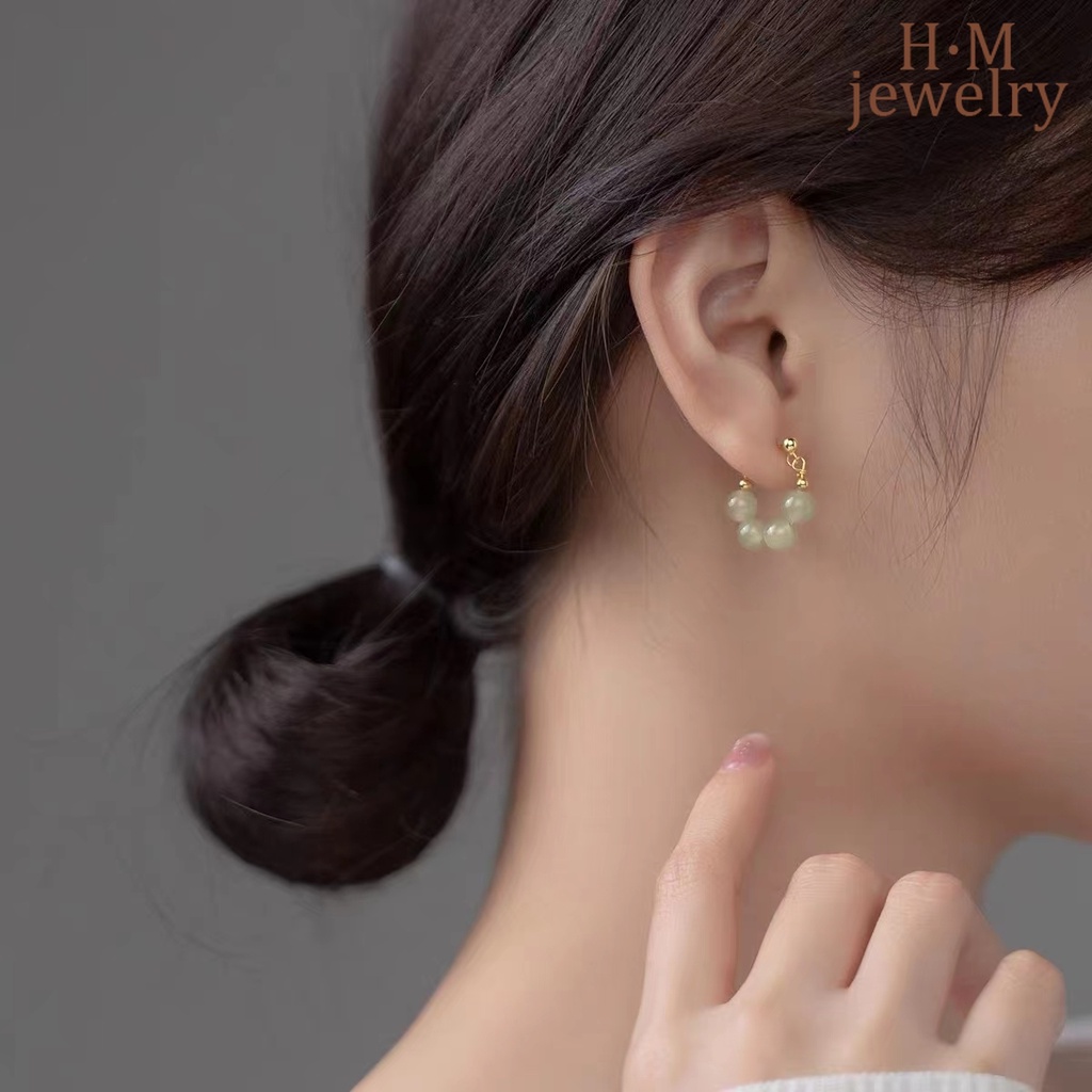 Anting Tusuk Handmade Bentuk U Gaya Vintage Dengan Giok Hetian Untuk Wanita