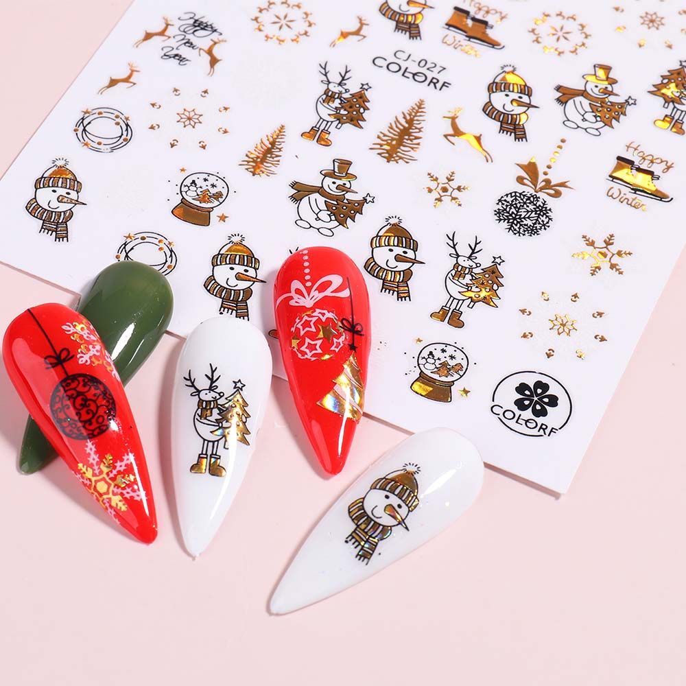 Mxbeauty Stiker Laser Holografik 3d Motif Kartun Santa Snowman Snowflake Rusa Natal Warna Emas Untuk Dekorasi Nail Art