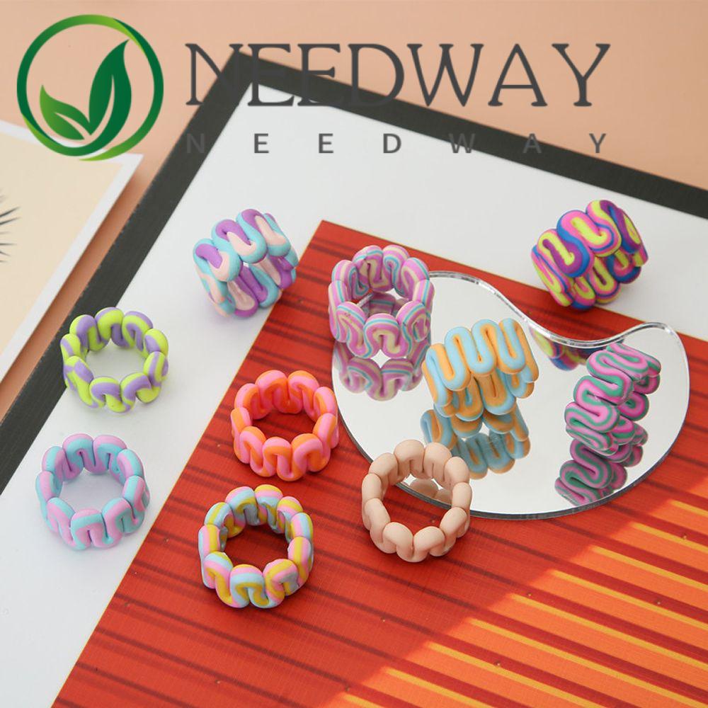 Needway  New Clay Ring Retro Colorful Finger Rings Trendy Clay Bohemia Stripe Geometric Gifts Fashion Jewelry