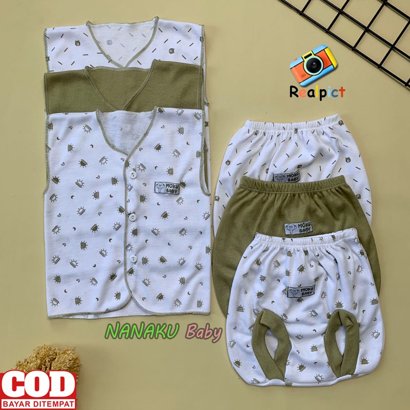 Isi 6 PCS Baju Celana Bayi / 3 Setel Baju Lengan Kutung Celana POP Bayi Usia 0-3 Bulan Seri Army -  AnaBAby