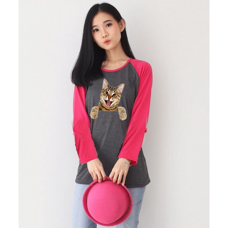 Kaos Raglan Abu Tua Lengan Panjang Gambar Kucing2