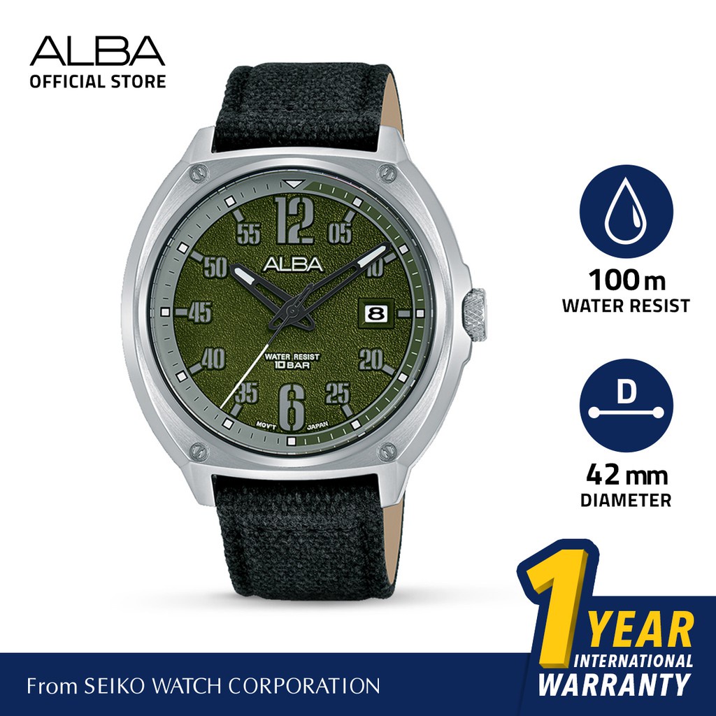 Alba Active Jam Tangan Pria AS9J43 / AS9J43X1 Quartz Green Army Dial Black Nylon Strap Watch