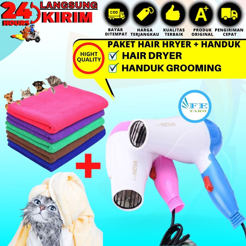 Paket Hemat Hair Dryer Pengering Bulu Kucing Lipat Hairdrayer Mini dan Handuk Grooming FEFARM