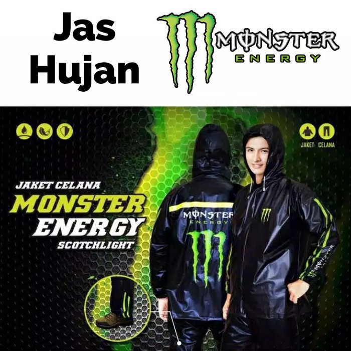 JAS HUJAN SETELAN MONSTER ENERGY BLACK HITAM / RAINCOAT JAKET CELANA