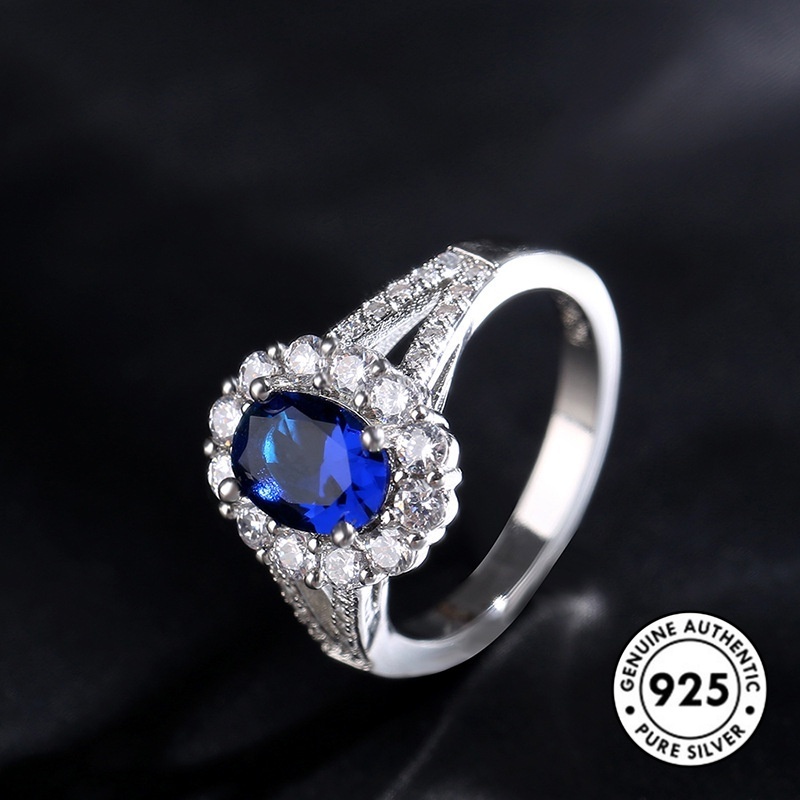 Cincin Sapphire Mewah Bahan S925 Silver