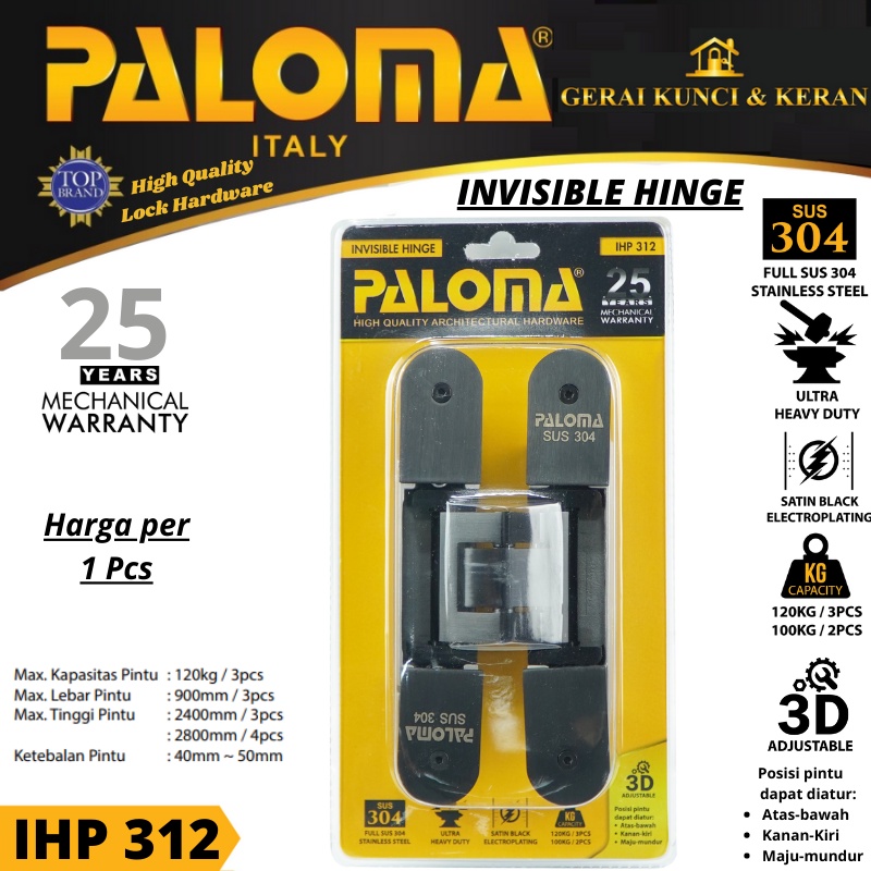 PALOMA IHP 312 INVISIBLE HINGE ENGSEL TANAM P100 HITAM SATIN BLACK