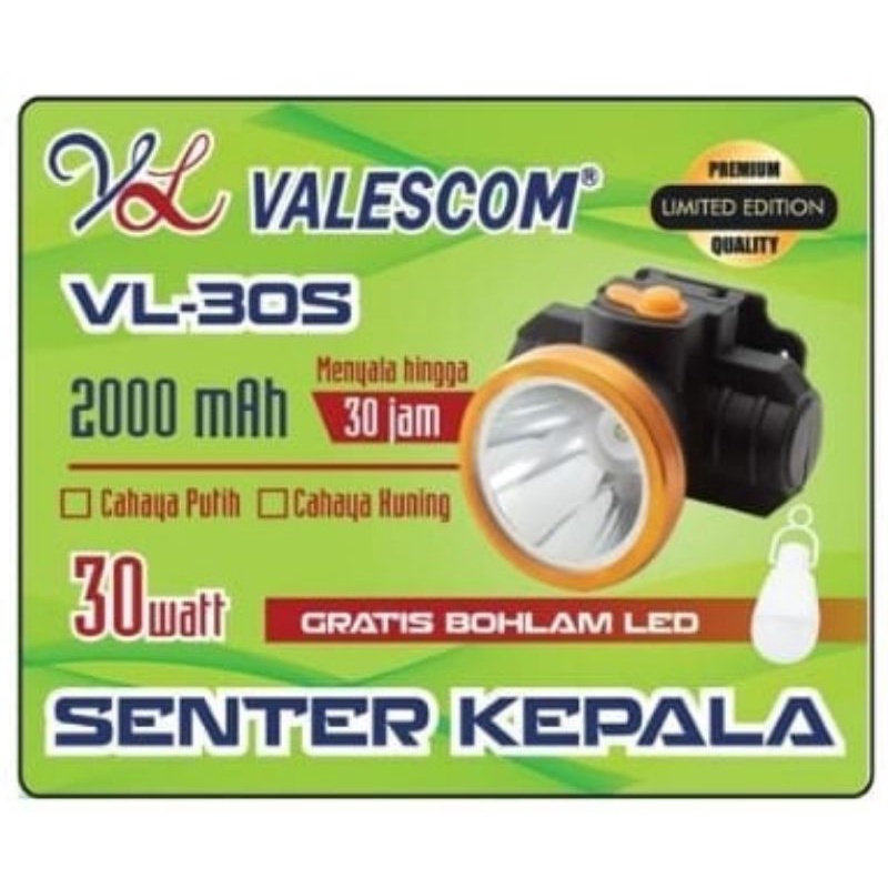 Senter Kepala Valescom 30 Watt VL-30S Cahaya Putih / Kuning + Gratis Bohlam Lampu LED