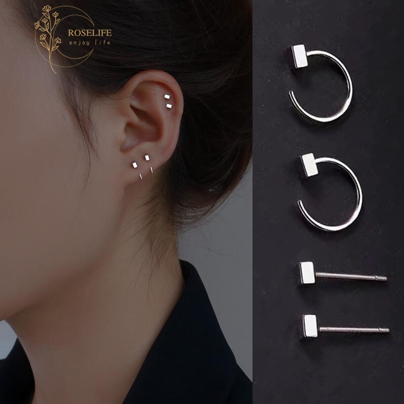 Roselife 1 Pasang Anting Tusuk Gantung Bentuk Kubus Kecil Warna Silver Untuk Wanita