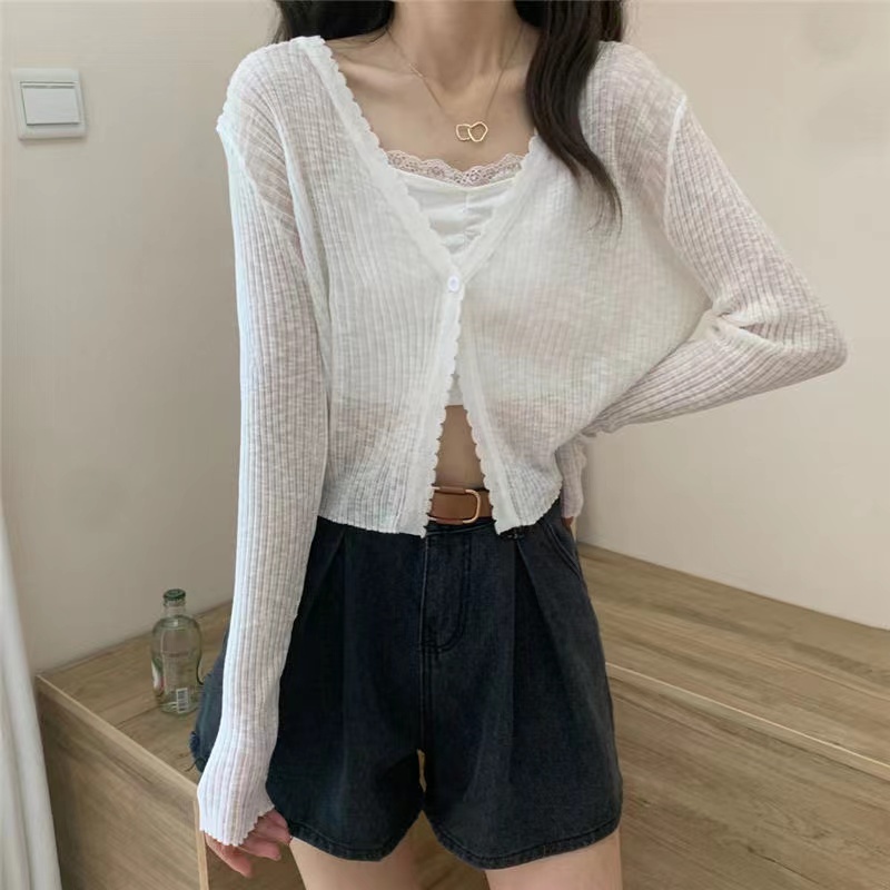 Women Ice Silk Knitted Cardigan V Neck Long Sleeve Cardigan Wanita Lengan Panjang 2657