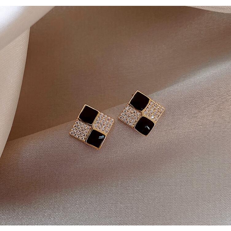 925 Perak needle small square hitam anting-anting untuk wanita dingin gaya anting-anting anting-anti