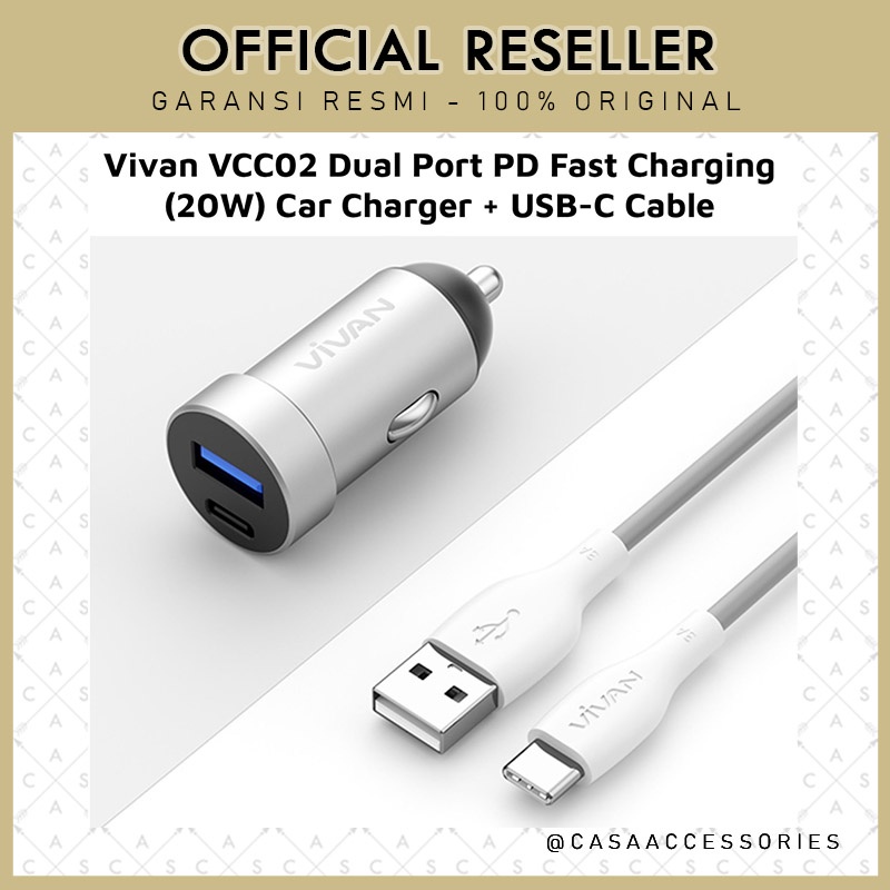 Vivan VCC02 Dual Port PD Fast Charging 20W Car Charger USB-C Cable