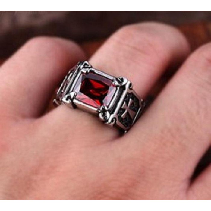 Cincin Pria Salib Cross La Croix Titanium Stainless Steel Batu Merah