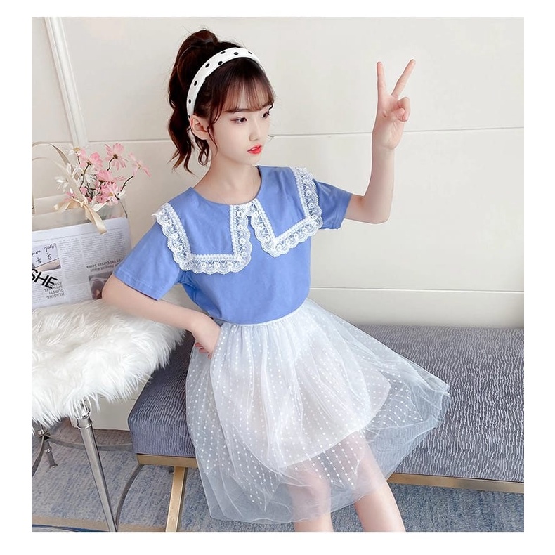 Promo !! Setelan baju korean fashion - setelan sailor renda tutu import uk 3 dan 4 th (Pink putih, Biru putih)