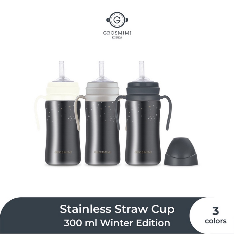 Grosmimi Stainless Straw CUP 300ml - Winter Edition Botol Minum Sedotan Dengan Handle Anak Bayi Baby Kids