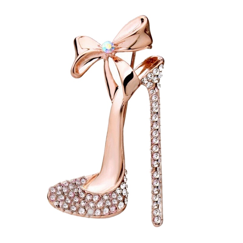 （✔✔❤Bros Bentuk Sepatu High Heels Lapis Emas Aksen Kristal Dan Berlian Imitasi