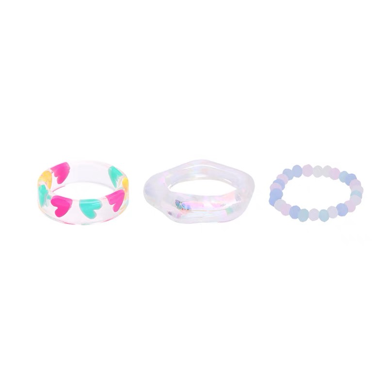 3pcs / Set Cincin Manik-Manik Mutiara Resin Akrilik Bentuk Hati Warna-Warni Transparan Untuk Wanita