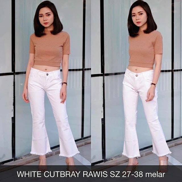  Celana  Jeans  Wanita  White Cutbray Fringe Rawis Rumbai 