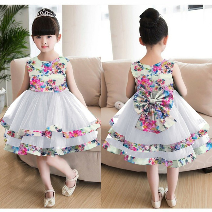 V57 Dress Baju Pesta Gaun Cantik Rumbai Batik Belakang Pita Besar Anak Kecil Cewek Kid Girl 5-7th
