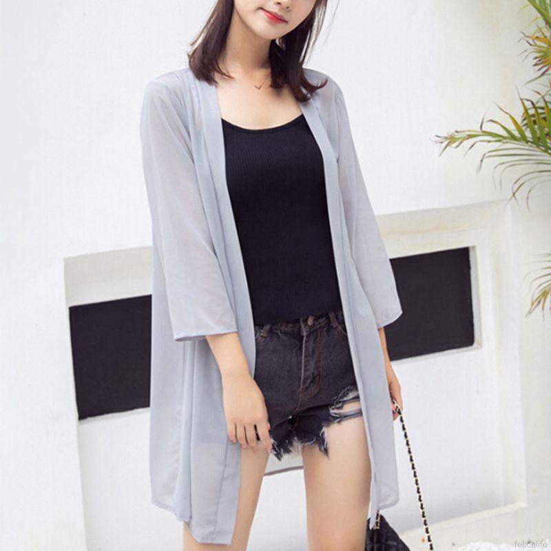 MODEL CARDIGAN KOREA TERBARU/ Cardigan Panjang Medium Lengan 3 / 4 Bahan Sifon Warna Polos untuk