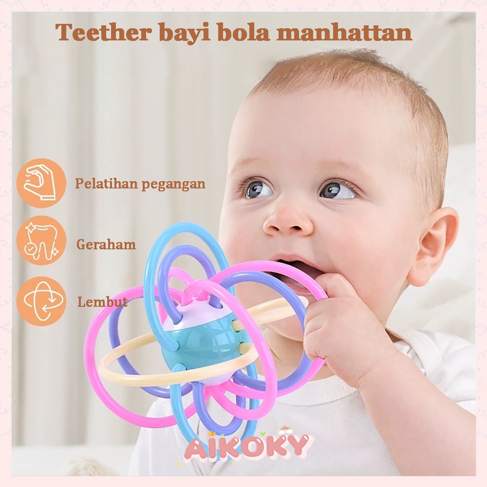 AIKOKY Gigitan bayi teether bahan silikon Teether bayi Manhattan bola