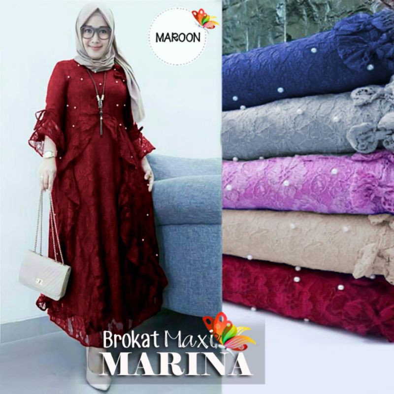 3 UKURAN KID L XL MAXY MARINA FASHION PAKAIAN WANITA MUSLIM GAMIS DRESS MAXI BAHAN BRUKAT LAPIS FURING JCHM