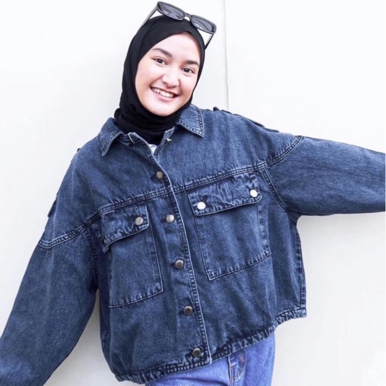 Jaket Jeans Oversize LD 110 - 150 // Jaket Jumbo Saku Wanita Sandwash Denim Premium-ALMA SW HITAMLD130