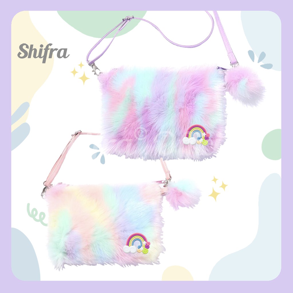 Shifra Tas Selempang Wanita Remaja Bulu Warna Gradasi Colorful