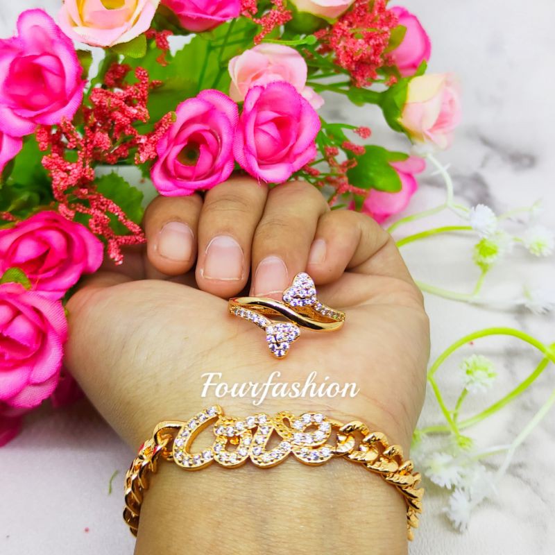 Fourfashion Set Perhiasan Gelang+Cincin Love Permata Kekinian PD044