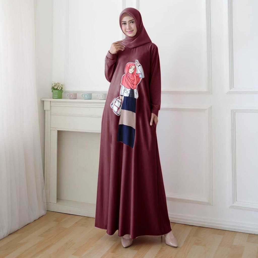 Gamis Wanita Motif Print Hijabers bahan Babytery Adem / Dress Wanita model Maxi SALE HOPYLOVY