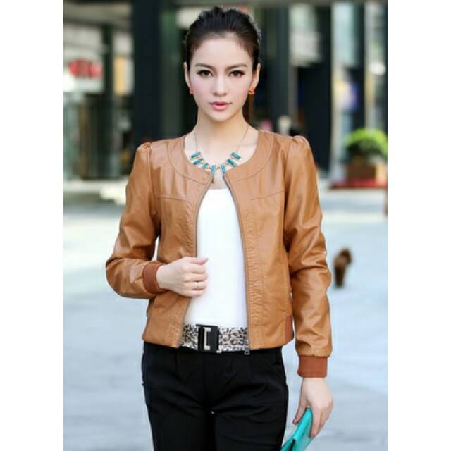Jaket semi kulit wanita cewek warna coklat muda / brown leather jacket for woman sampai big size
