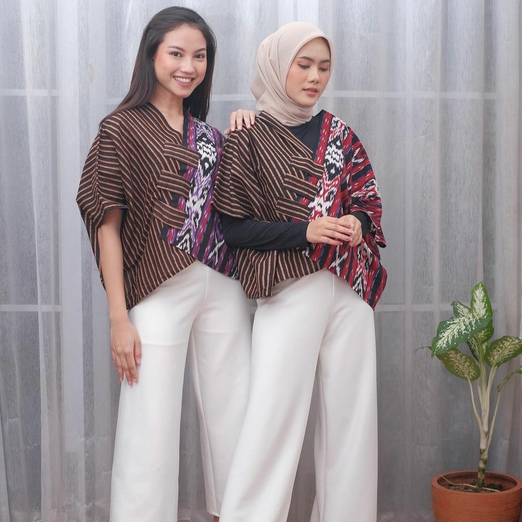Blus Croptop Cropping Lurik Kombinasi Motif Tenun Baju Batik Kantoran Wanita Casual Formal Katun Warna-1