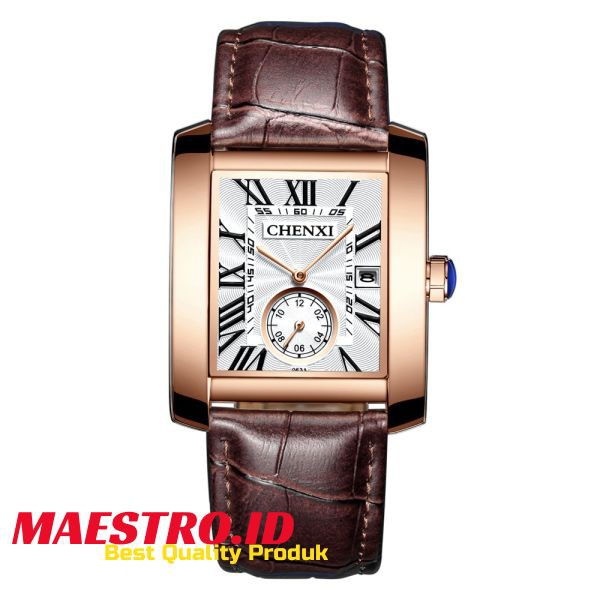 Mewah Merek Chenxi Pria Persegi Jam Tangan Desain Unik Rose Gold Calendar Stop Watch Genuine