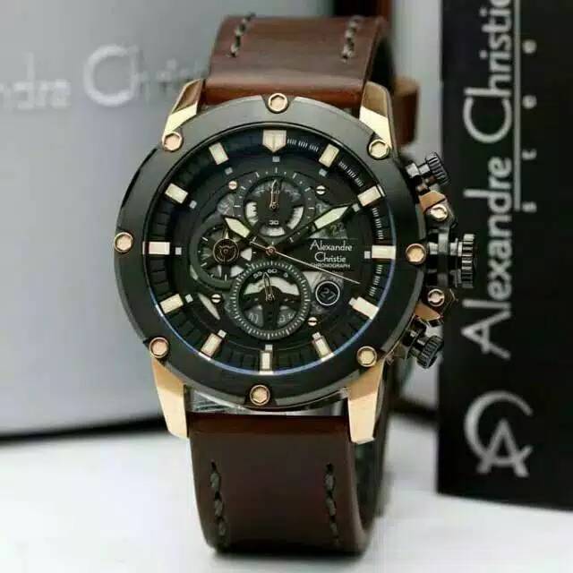 Jam Tangan Alexandre Christie AC 6416 MC Leather / Kulit Brown Ring Black Rose Pria / Cowok Original