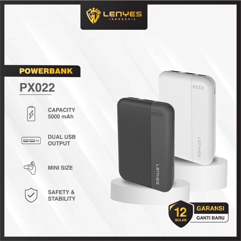 Powerbank 5.000 Mah Slim Mini Lenyes Original PX-022 Real Capacity Led Light 5000 Mah 2 USB