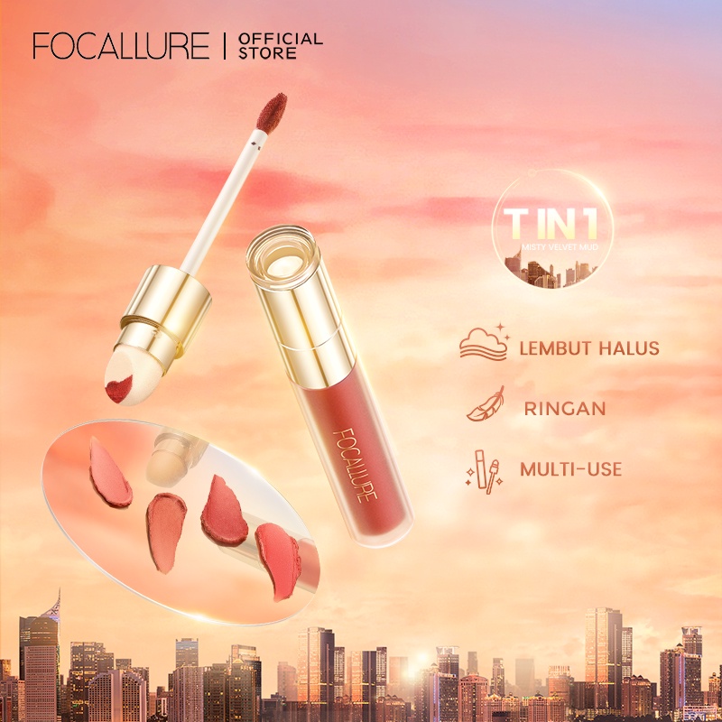 FOCALLURE #AmberGold Airy-fit Misty Velvet Matte Lip Clay Lightweight Moisturizer 2 in 1 Multi-use Sponge Lip Brush