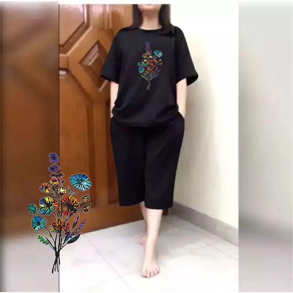 Setelan Jumbo Wanita + Celana Kulot 3/4 Big Size Fit XXL Motif Bunga-Bunga