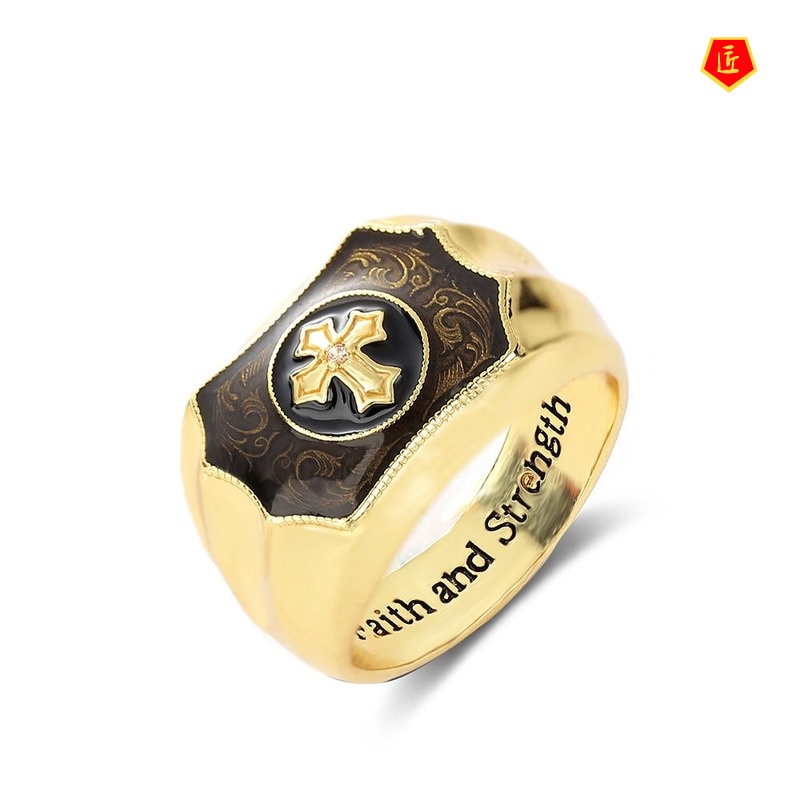 [Ready Stock]Creative Golden Black Agate Cross Faith Ring