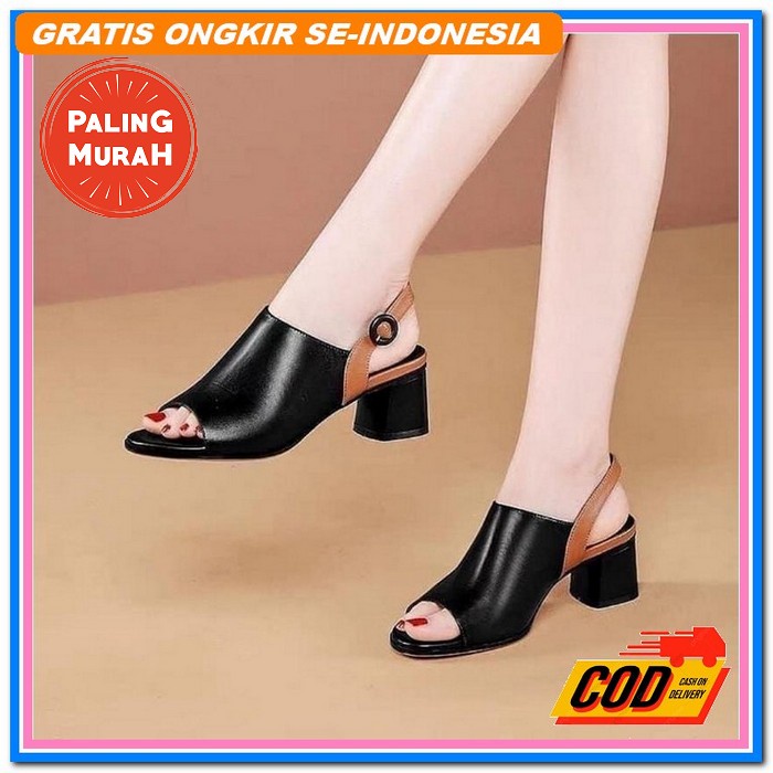 High Heels Kulit Motif Wanita Cantik Simple Pesta Murah Import Casual Js 25 Sendal Heels Wanita Hak 