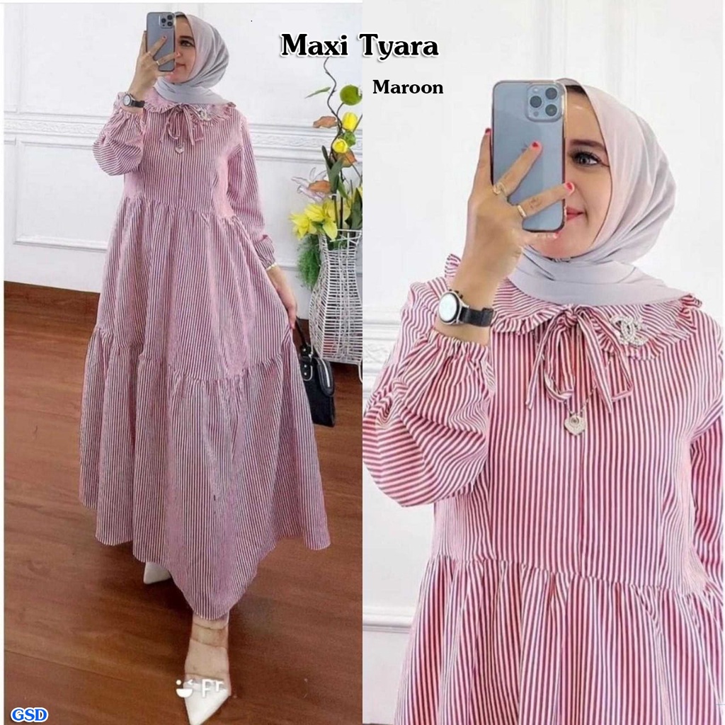 Tyara/Midi Dress Gamis Maxi Wanita Muslim Casual Busui Friendly  Motif Salur Bahan katun Import  Size L