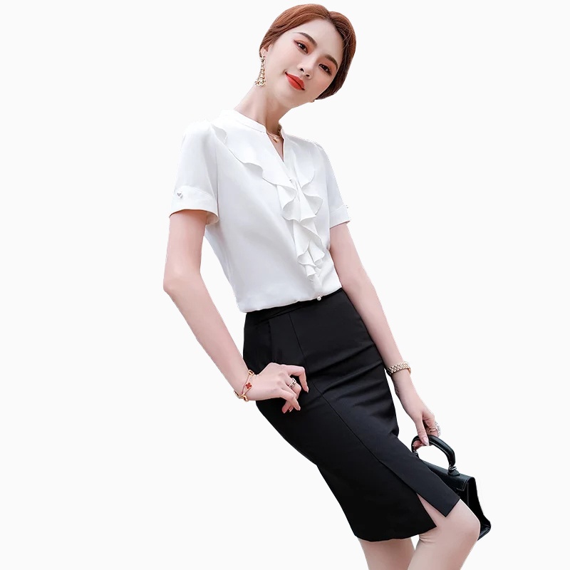 Kemeja Leher V Lengan pendek gaya korea variasi rampel di leher model terbaru - XSHOP Senka