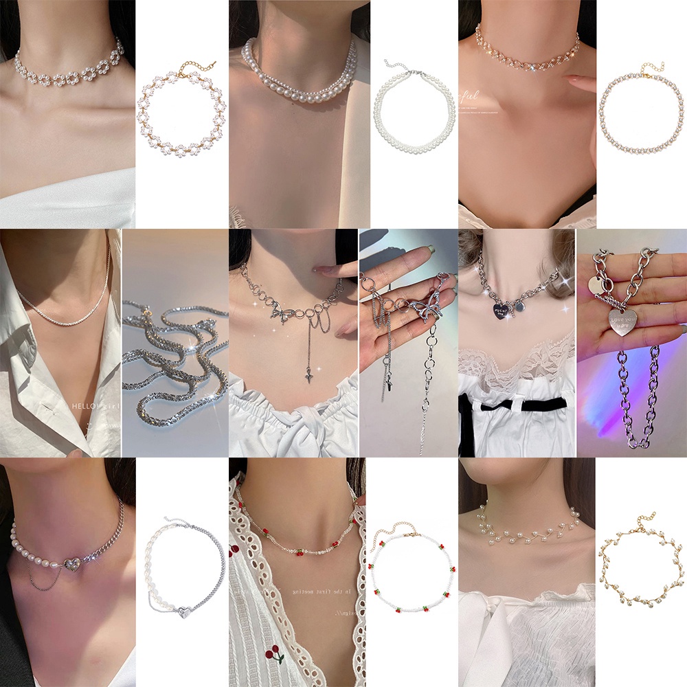 YEEZII Korean Elegant Pearl Choker Chain Necklace Fashion Beads Necklace Butterfly Heart Multilayer Pendant Necklace for Women Accessories Jewelry Gift